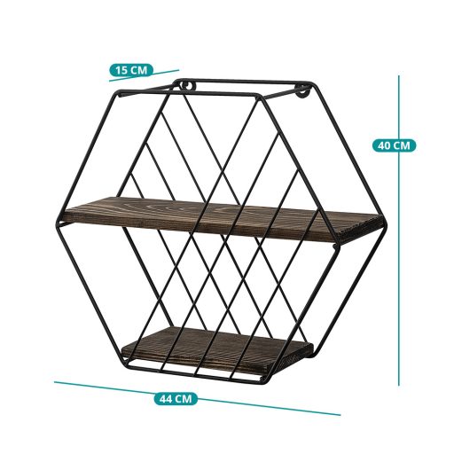 Hexagonální kovová police 44x40x15cm, černá-ořech