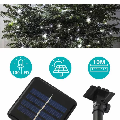 Solární světelný řetěz se 100 LED - 10 metrový studená bílá
