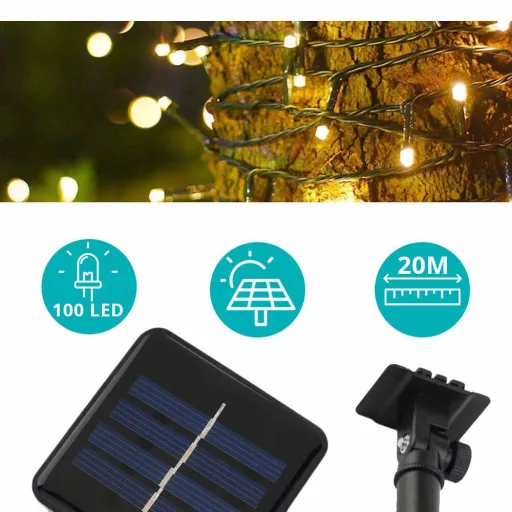 Solární světelný řetěz se 100 LED - 20 metrový, teplá bílá