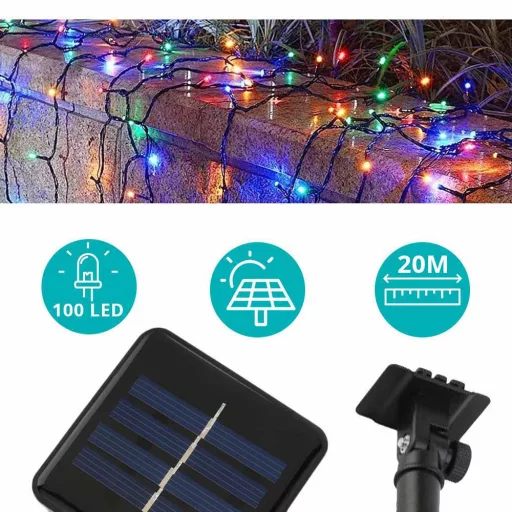 Solární světelný řetěz se 100 LED - 20 metrový, barevná
