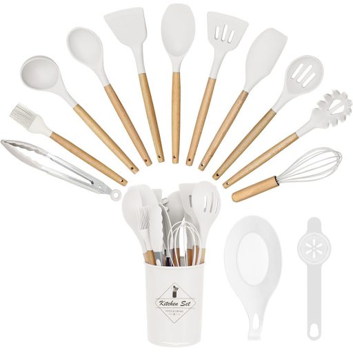 14dílná sada kuchyňského náčiní, se žáruvzdornou silikonovou hlavou, držákem, bílá