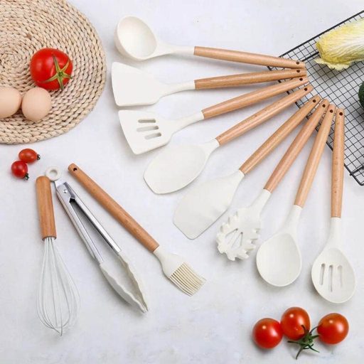 14dílná sada kuchyňského náčiní, se žáruvzdornou silikonovou hlavou, držákem, bílá