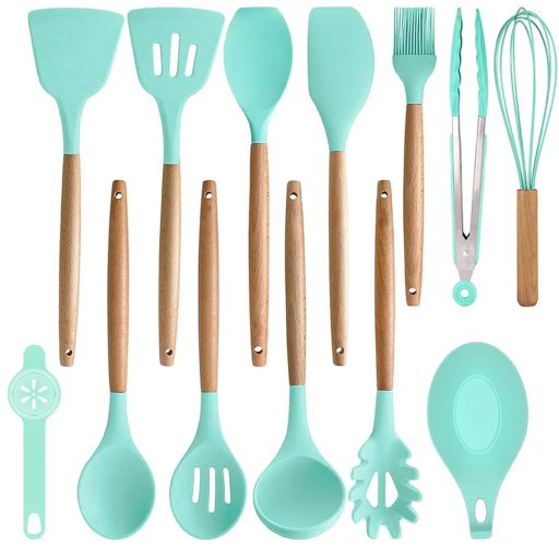 14-dílný kuchyňský náčiní s tepelně odolnými silikonovými hlavami, stojánkem, tyrkysová