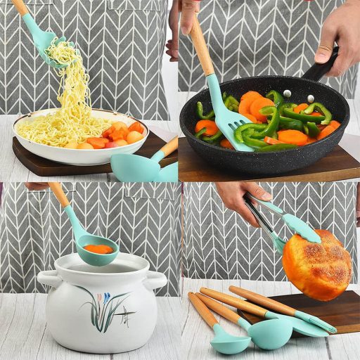 14-dílný kuchyňský náčiní s tepelně odolnými silikonovými hlavami, stojánkem, tyrkysová