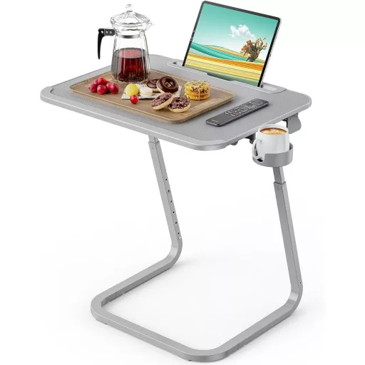 Nastavitelný snídaňový stůl s držákem na tablet, šedá