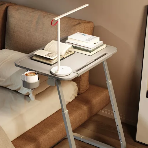 Nastavitelný snídaňový stůl s držákem na tablet, šedá