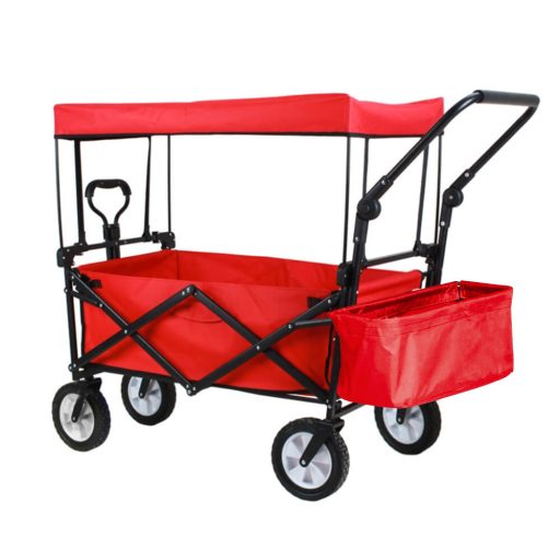 Skládací vozík se střechou, tažný a tlačný, červený