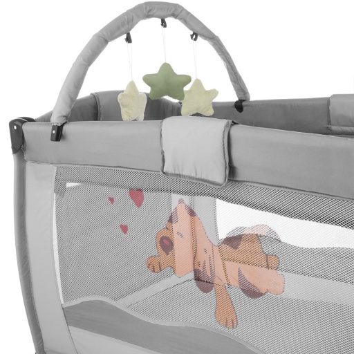 Cestovní postýlka s přebalovací podložkou a hračkovým obloukem, šedá