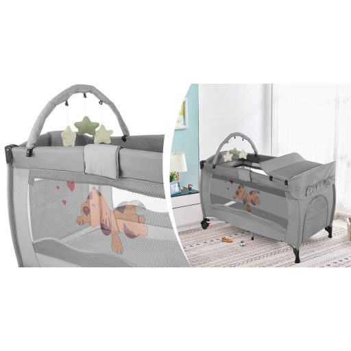 Cestovní postýlka s přebalovací podložkou a hračkovým obloukem, šedá