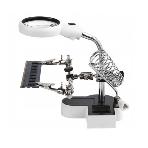 Třetí ruka s LED lupou, svorkami a držákem na páječku