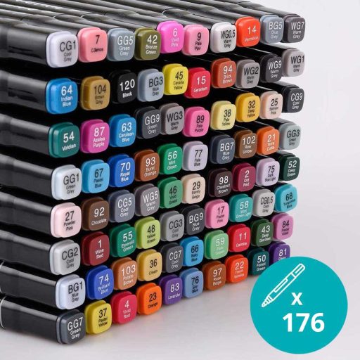 Sada alkoholových markerů s dvojitým hrotem, v dřevěné krabičce, 176 ks