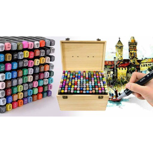 Sada alkoholových markerů s dvojitým hrotem, v dřevěné krabičce, 176 ks