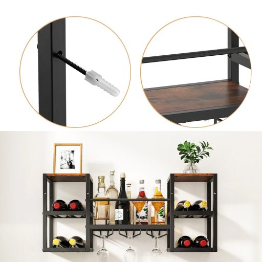 Kovový stojan na víno na zeď s držákem na sklenice