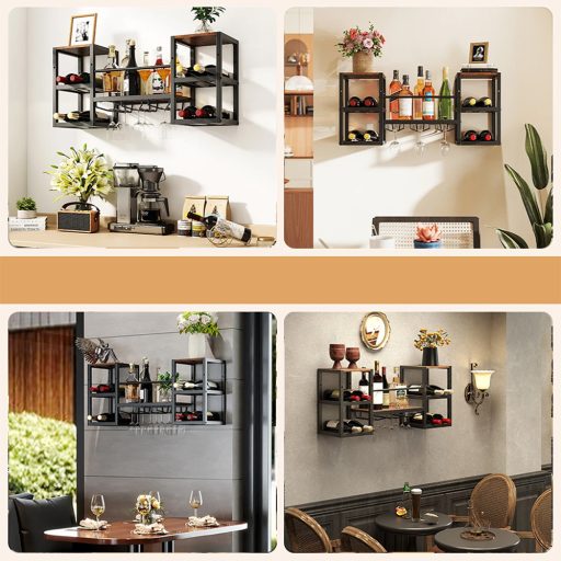 Kovový stojan na víno na zeď s držákem na sklenice