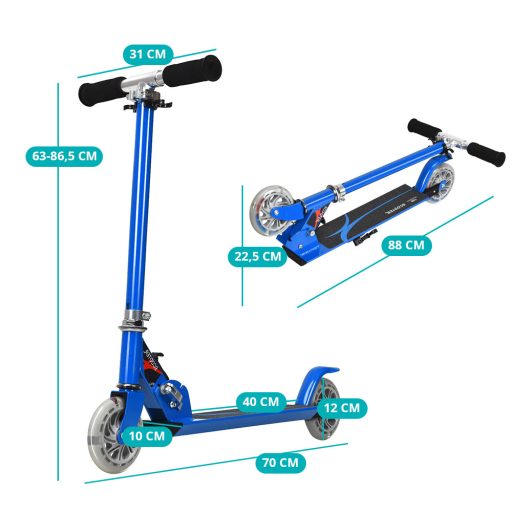 Skládací hliníková koloběžka s LED kolečky modrá