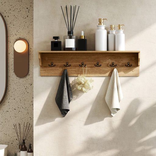 Nástěnná police se 6 háčky, přírodní