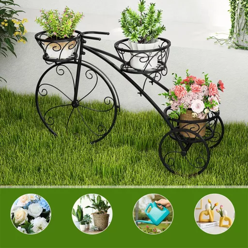 Kovový květináč ve tvaru bicyklu