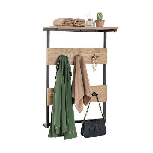 Nástěnný držák se 6 háčky a policí, přírodní