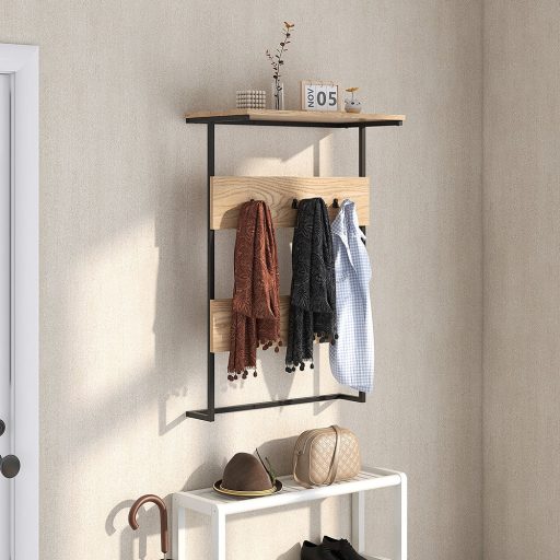 Nástěnný držák se 6 háčky a policí, přírodní