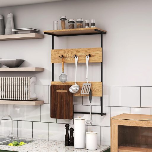 Nástěnný držák se 6 háčky a policí, přírodní