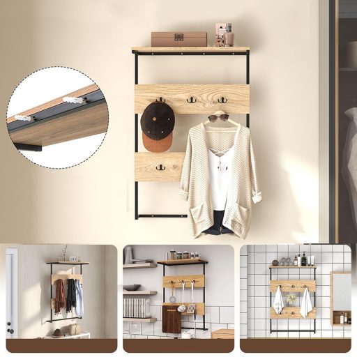 Nástěnný držák se 6 háčky a policí, přírodní