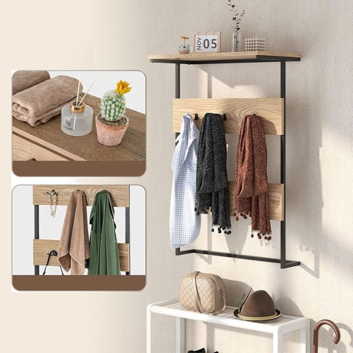 Nástěnný držák se 6 háčky a policí, přírodní