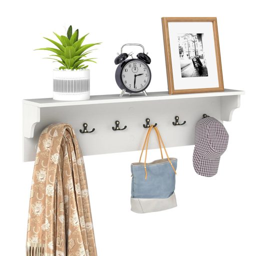 Nástěnná police se 6 háčky, bílá