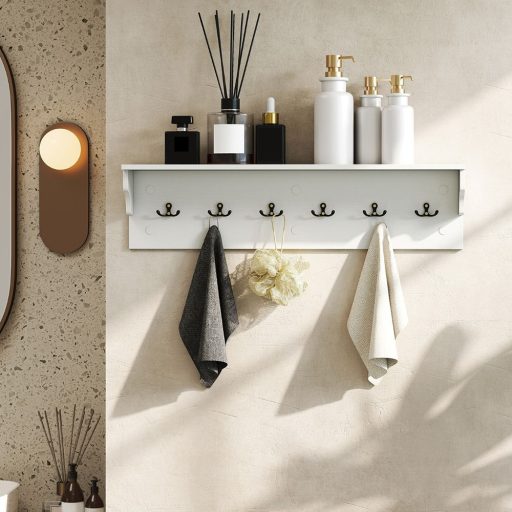 Nástěnná police se 6 háčky, bílá