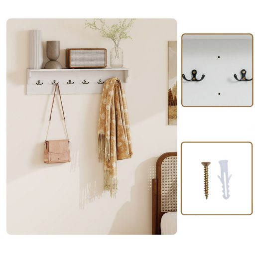 Nástěnná police se 6 háčky, bílá
