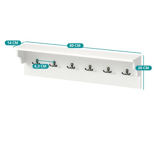 Nástěnná police se 6 háčky, bílá