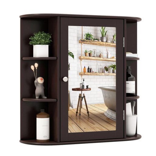 Nástěnná koupelnová skříňka se zrcadlem, hnědá