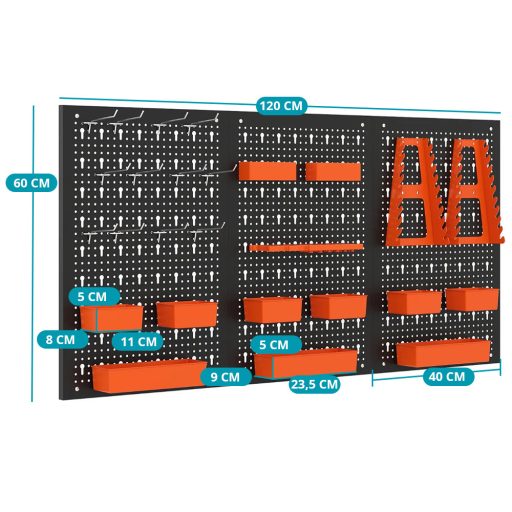Úložný systém na nářadí z kovu s 9 přihrádkami a háčky