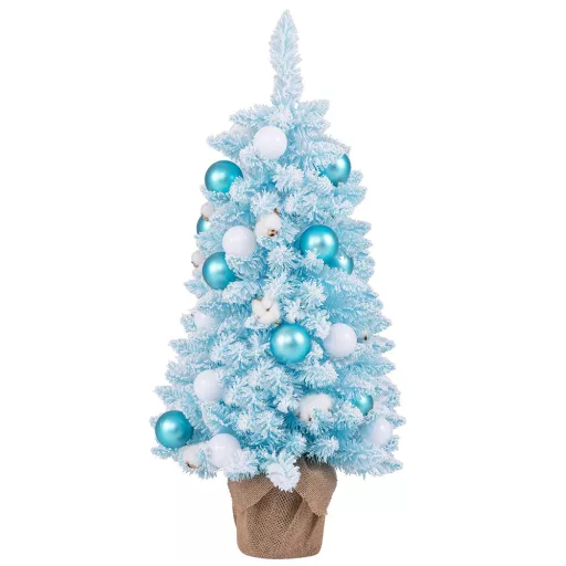 Sněhový umělý vánoční stromeček s ozdobami 90 cm modrý