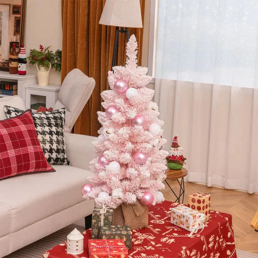 Sněhový umělý vánoční stromeček s ozdobami 90 cm růžový