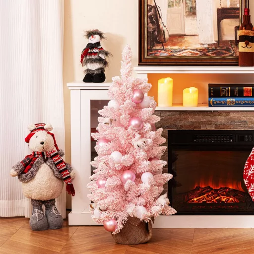 Sněhový umělý vánoční stromeček s ozdobami 90 cm růžový