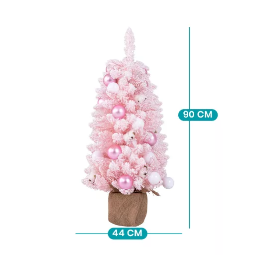 Sněhový umělý vánoční stromeček s ozdobami 90 cm růžový