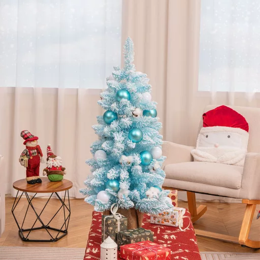 Sněhový umělý vánoční stromeček s ozdobami 90 cm modrý