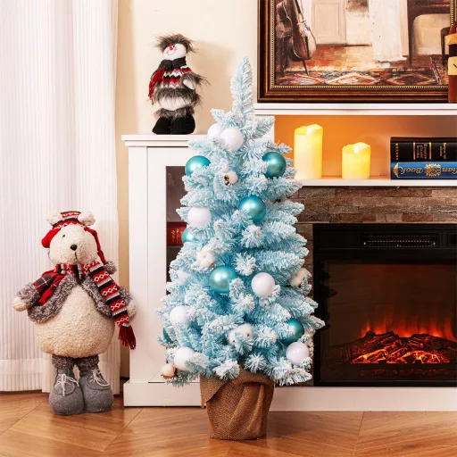 Sněhový umělý vánoční stromeček s ozdobami 90 cm modrý