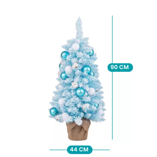 Sněhový umělý vánoční stromeček s ozdobami 90 cm modrý