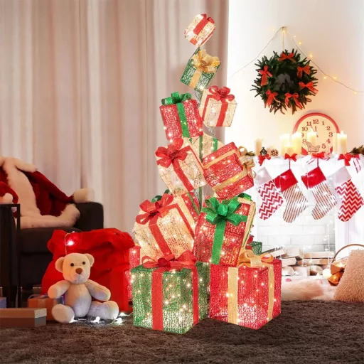 Osvětlená věž dárkových krabic s 450 LED, 170 cm