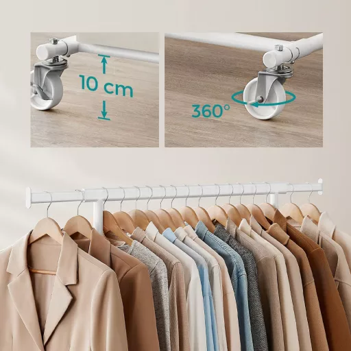 Výškově nastavitelný pojízdný věšák na oblečení, bílý