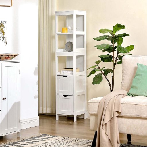 Úzká vysoká skříňka do koupelny se 3 policemi a 2 zásuvkami 30x30x141,5cm