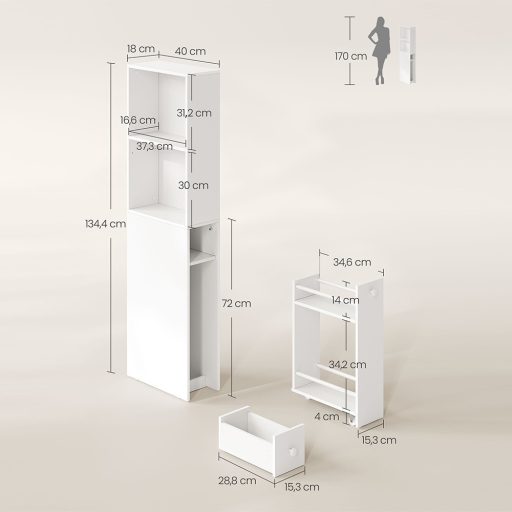 Úzký 2-police výsuvný koupelnový kabinet, 134,4x40x18 cm